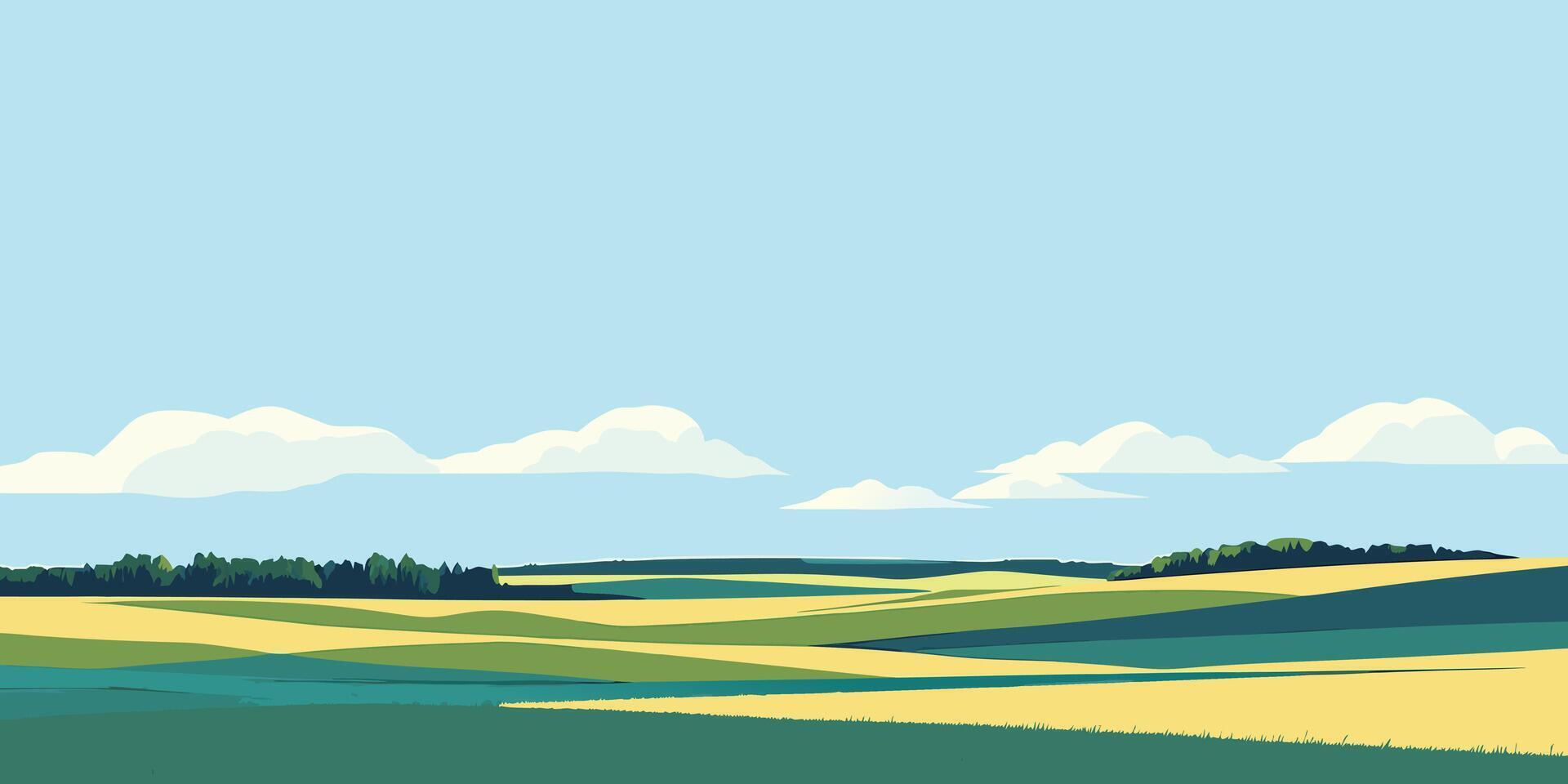 Stunning Landscape Panoramic View of Countryside Blue Sky and Rolling Fields vector
