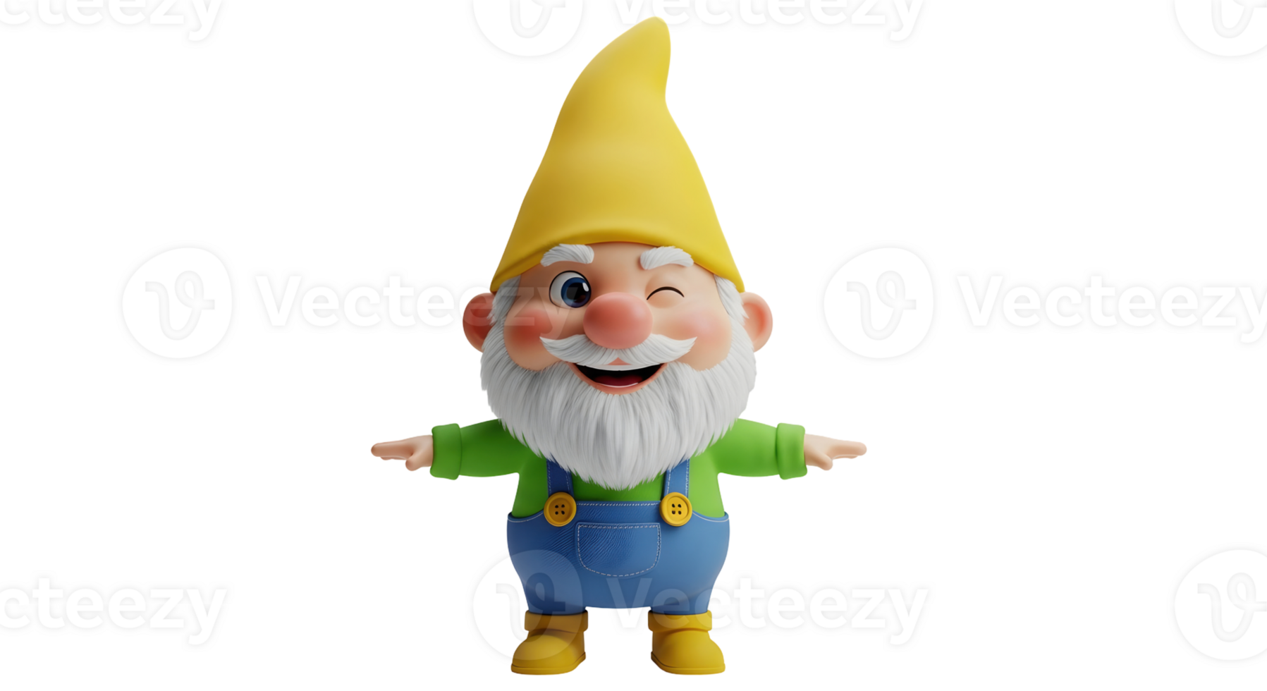 Cartoon male garden gnome character with white beard, yellow hat, and blue overalls winking on transparent background. png