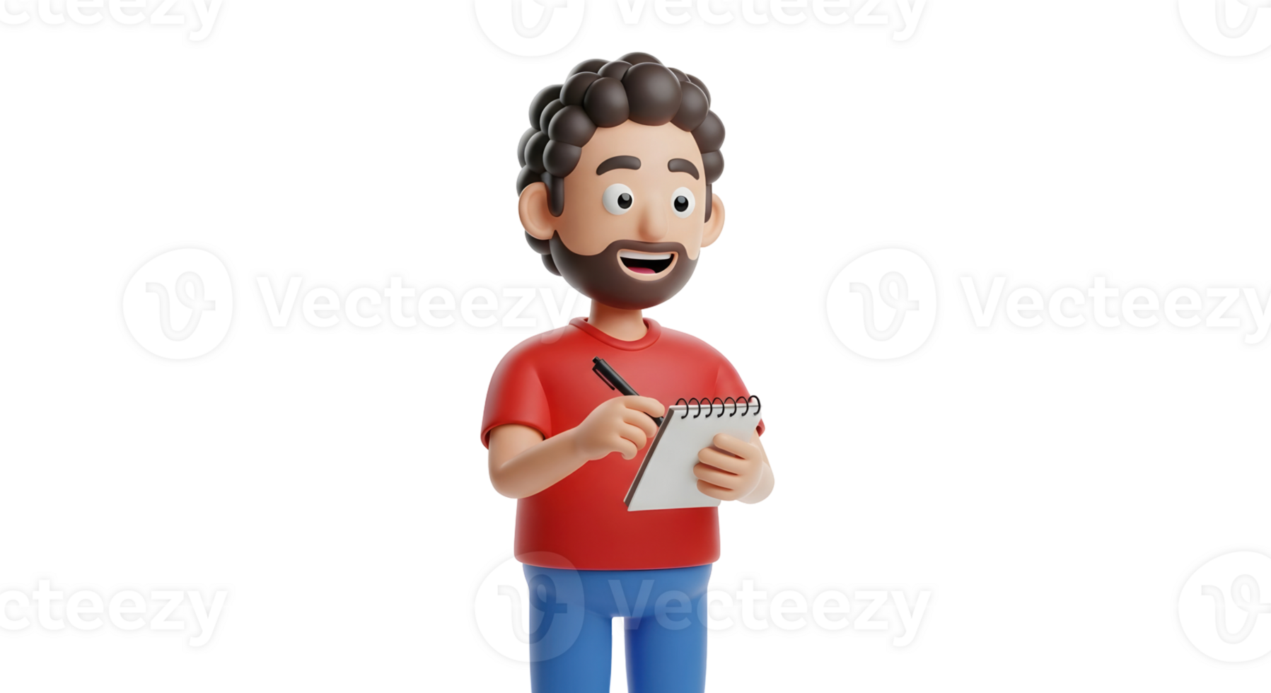A male cartoon character writes on a notepad with a pen. 3D render of a man taking notes or recording information on transparent background. png
