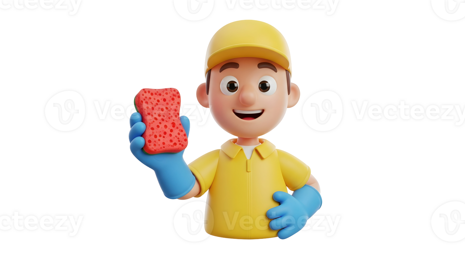 Smiling plumber man in blue rubber gloves holding red sponge. Cleaning and maintenance service. Character for home repair concept.. Transparent background png