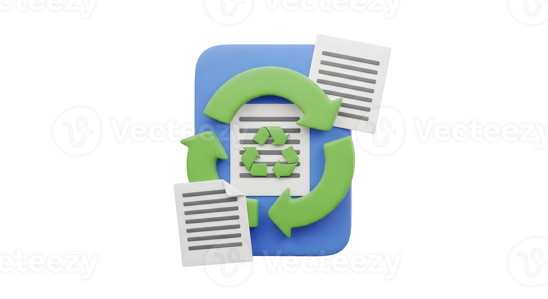 3D render of recycle document icon with paper files and green arrows for eco-friendly digital data management on transparent background. png