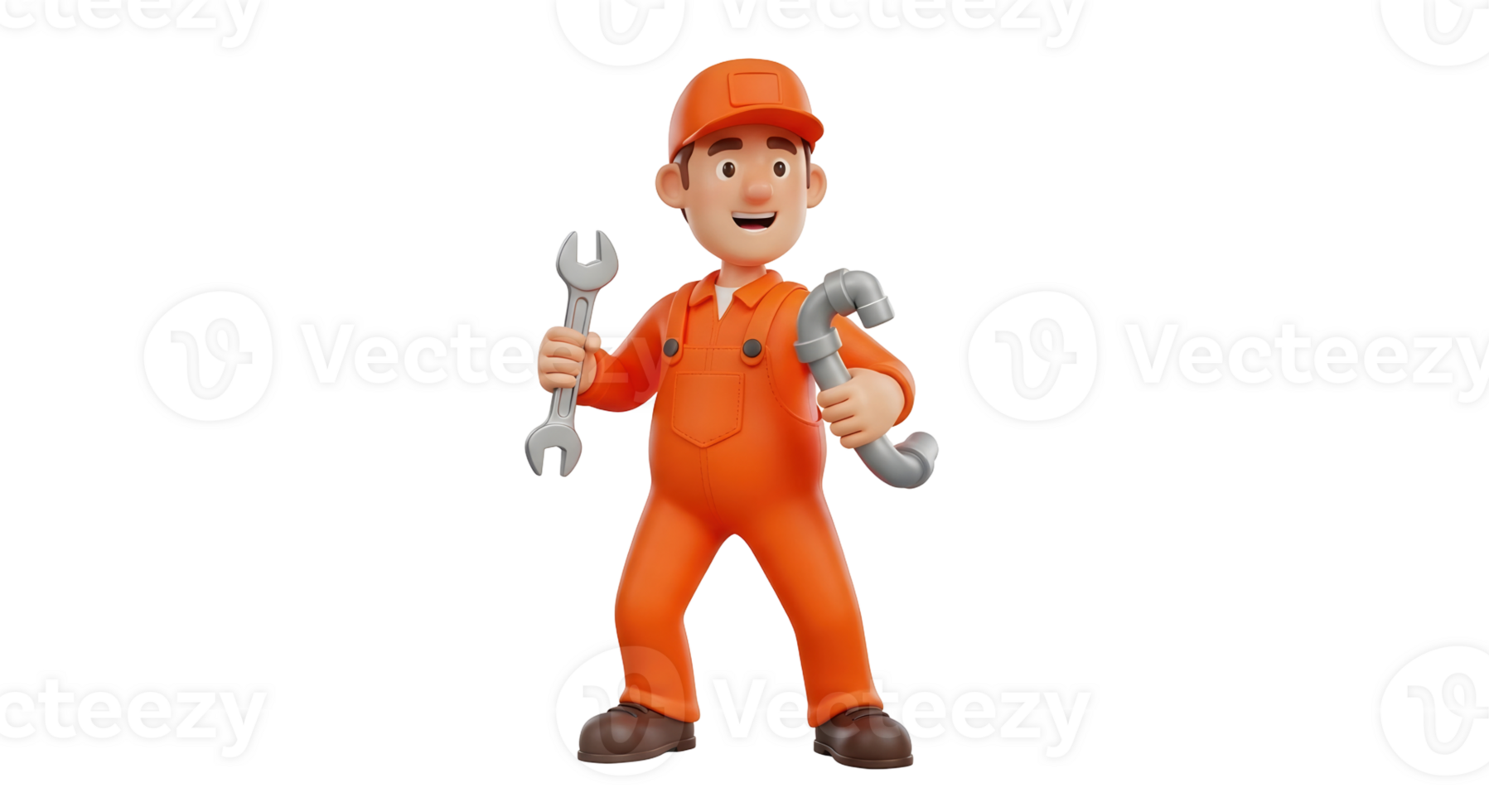 Plumber man holding a wrench and pipe in a detailed 3d character rendering, for handyman, repair, and maintenance service promotion on transparent background. png