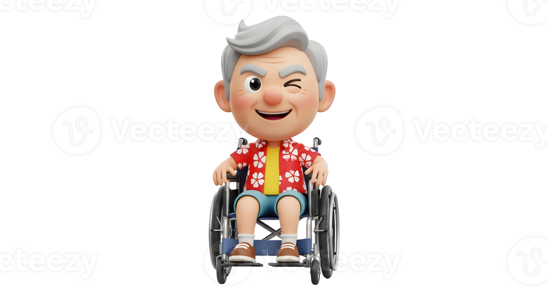 A senior man in a wheelchair with greying hair, wearing a vibrant Hawaiian shirt, winks playfully on transparent background. png