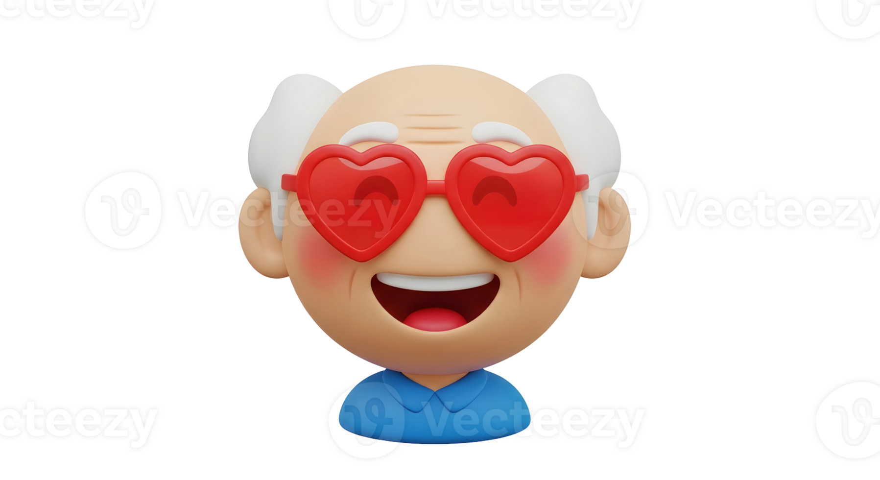 Cartoon old man with white hair wearing red heart glasses and smiling, for love, Valentine's Day on transparent background. png
