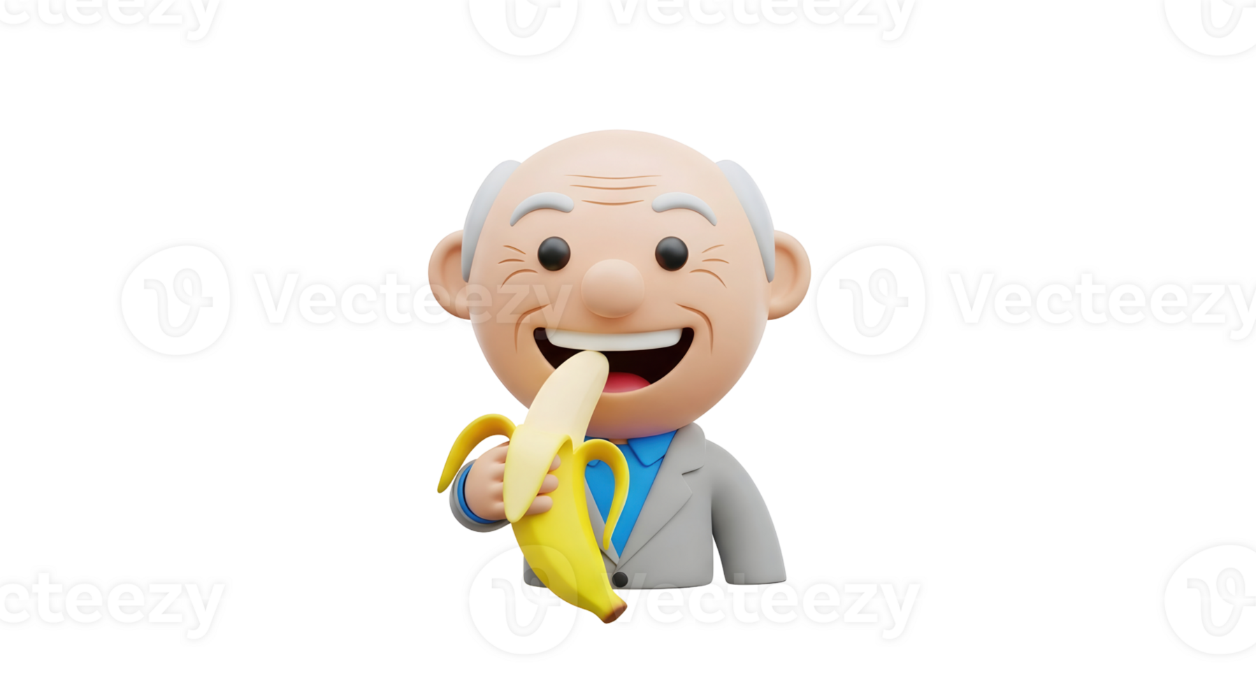Render of a cartoon man eating a banana on transparent background, nutrition and health concept png