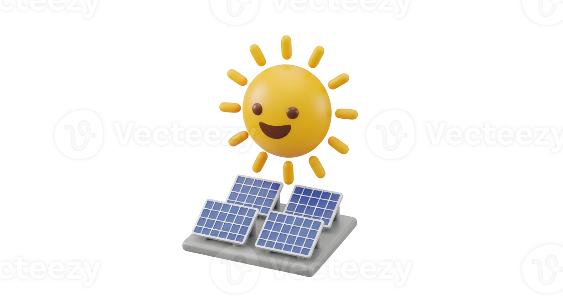 Happy cartoon sun shining over blue solar panels, symbolizing clean energy and sustainable power generation on transparent background. png