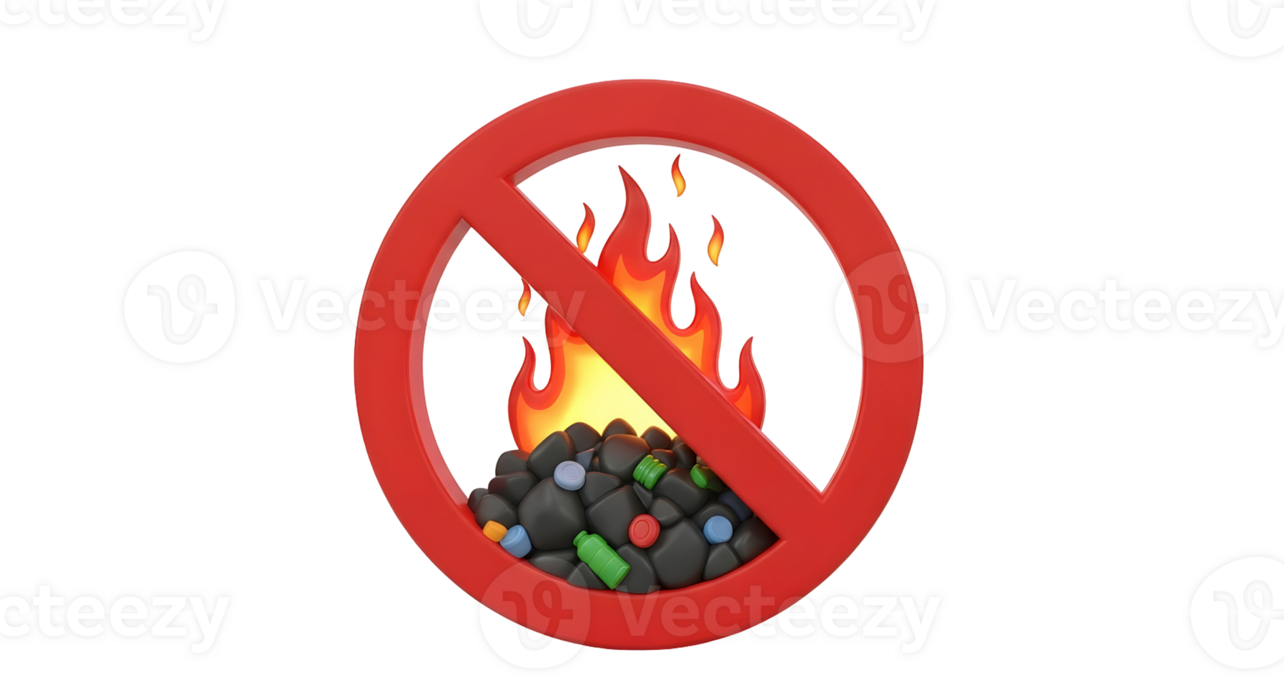 No burning waste sign with fire and trash. Forbidden to incinerate garbage symbol. Environmental protection concept on a transparent background. png