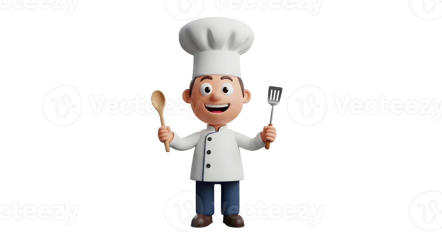 3D render of a cheerful cartoon chef character holding a wooden spoon and a metal spatula, on transparent background. png