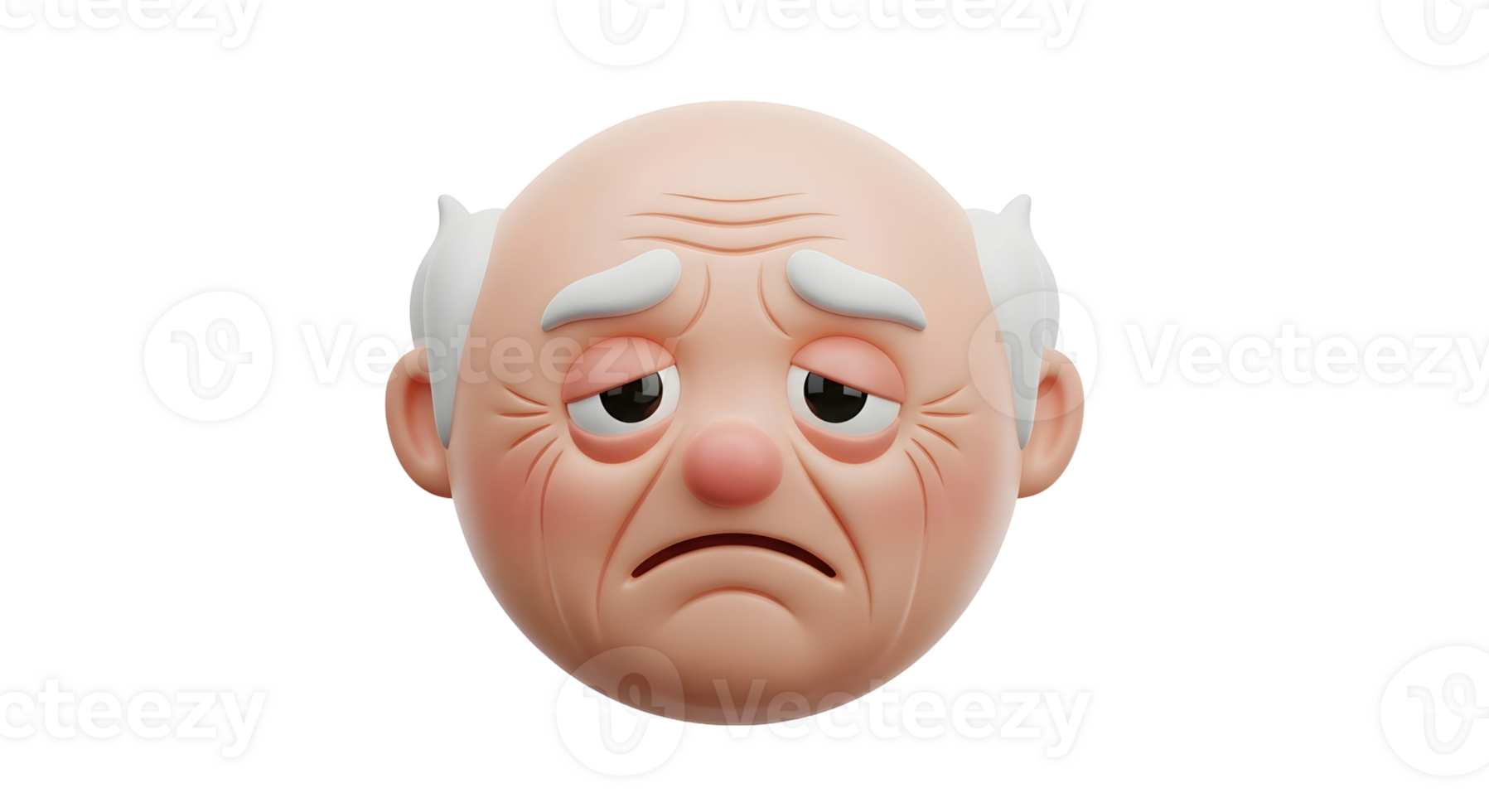 Caucasian old man cartoon face with sad or tired expression, 3d render. Grandfather avatar on transparent background. png