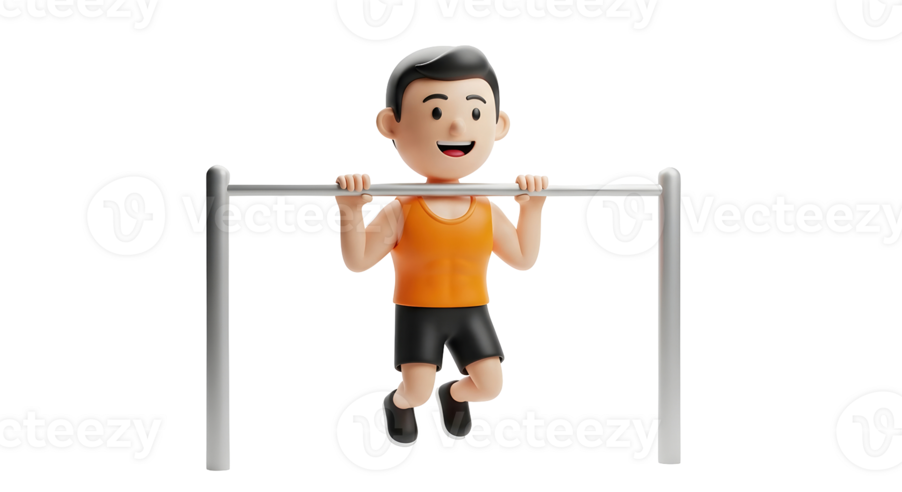 Cartoon man doing pull up exercise on a bar. Fitness workout, healthy lifestyle, and gym concept render on transparent background. png