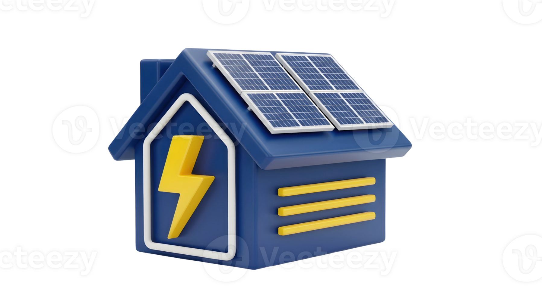 Blue house icon with solar panels on roof and lightning bolt symbol on transparent background for renewable energy. png