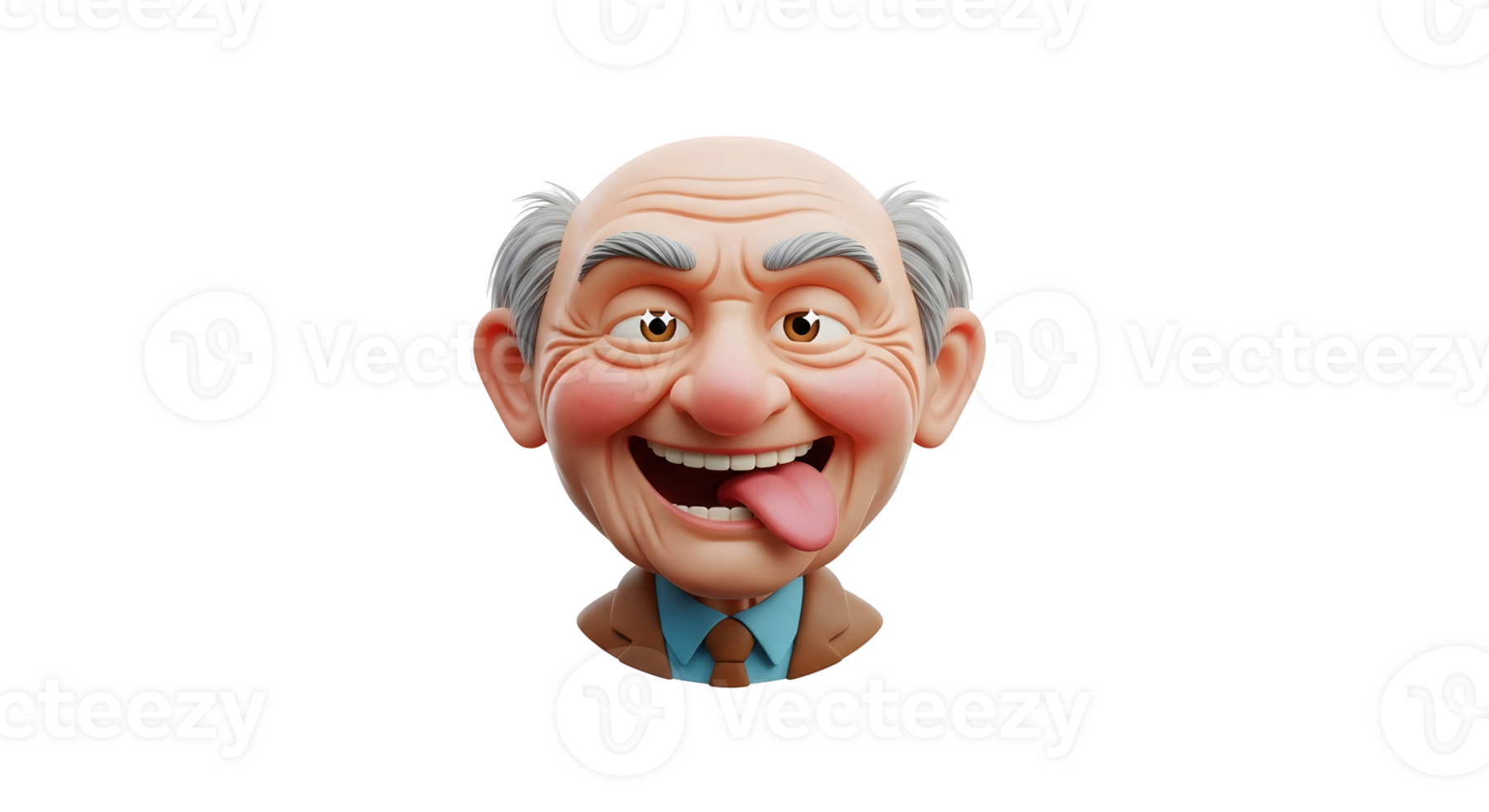 A 3D render of a funny cartoon old man with his tongue out. Expressive character for humorous content on transparent background. png