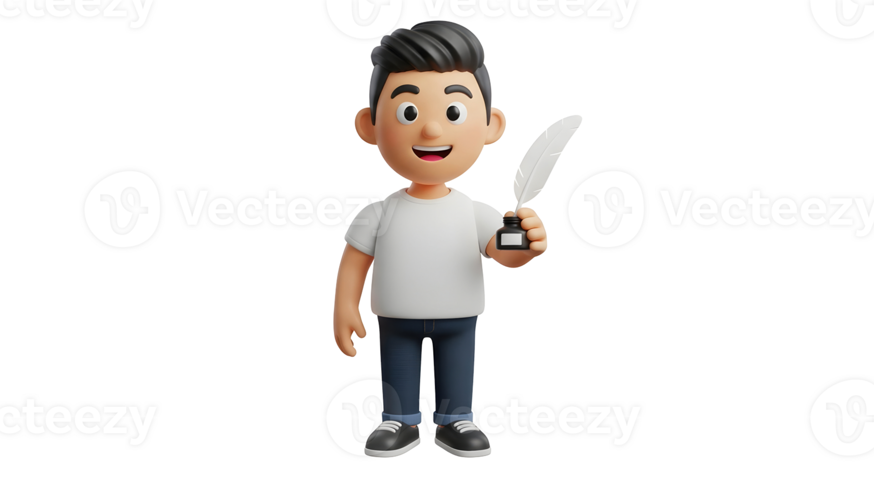 Cartoon man holding an ink bottle and quill pen, representing writing, creativity, and education professions on transparent background. png