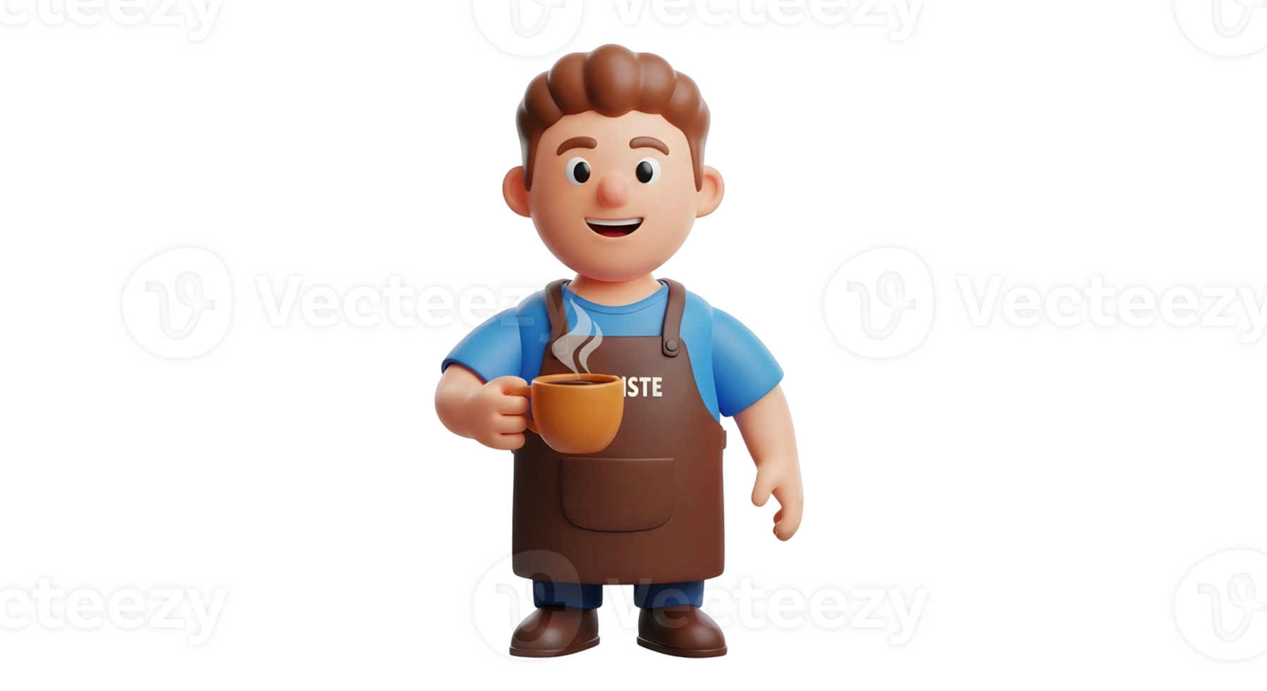A man barista wearing a brown apron and blue shirt holds a steaming hot coffee cup on transparent background. Cute 3d character for cafe and restaurant business concept. png