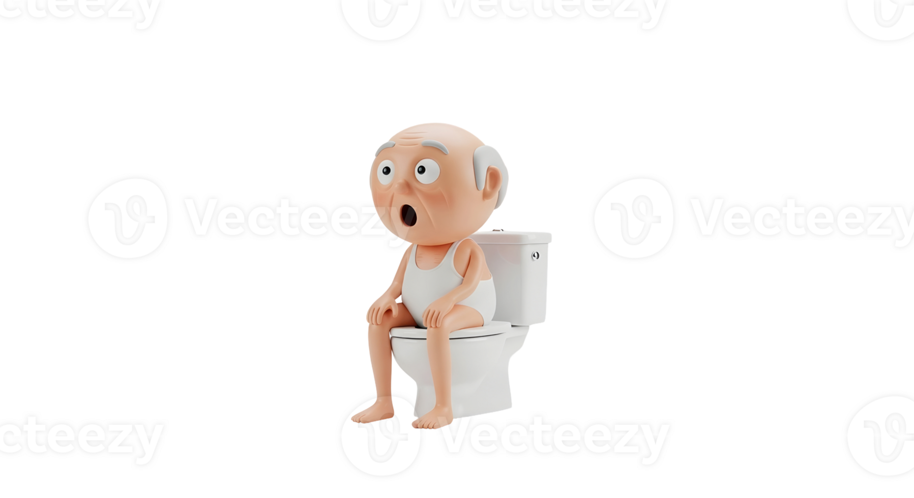 A senior man in a white undershirt sits on a toilet with an astonished expression on transparent background. png