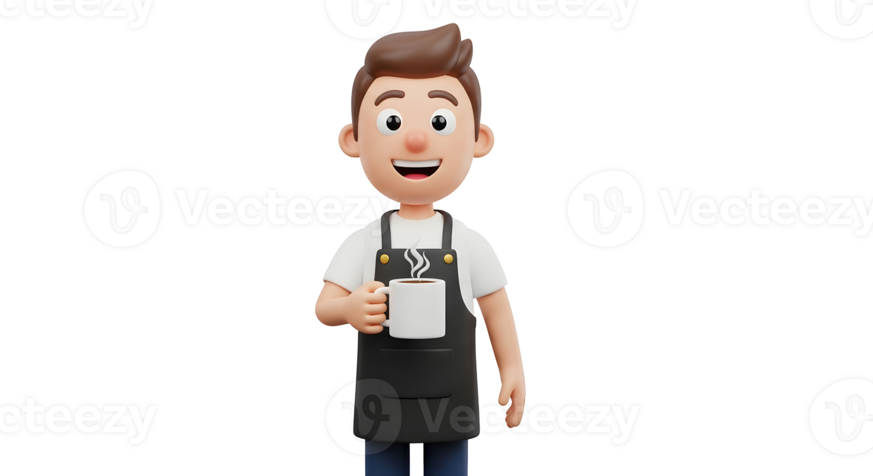 Smiling male barista standing with hot coffee mug. character of coffee shop worker or chef on transparent background. png
