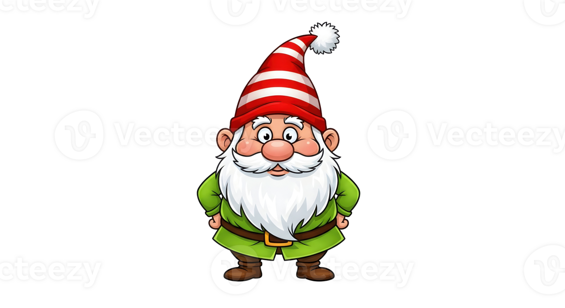 Happy garden gnome character with red striped hat. Cute dwarf on transparent background for kids book, Christmas, or fairy tale design. png
