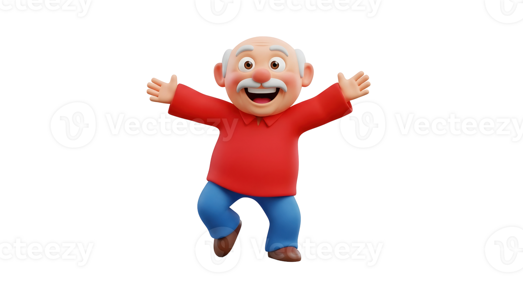 Smiling cartoon old man with open arms and raised hands concept. Character 3D render illustration on transparent background. png