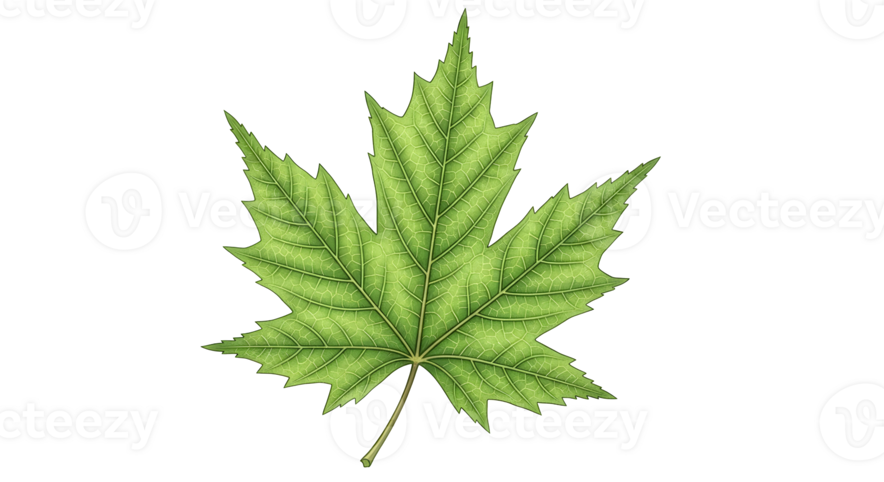 Green maple tree leaf with detailed vein structure on transparent background. Botanical graphic element for nature designs and spring concept. png