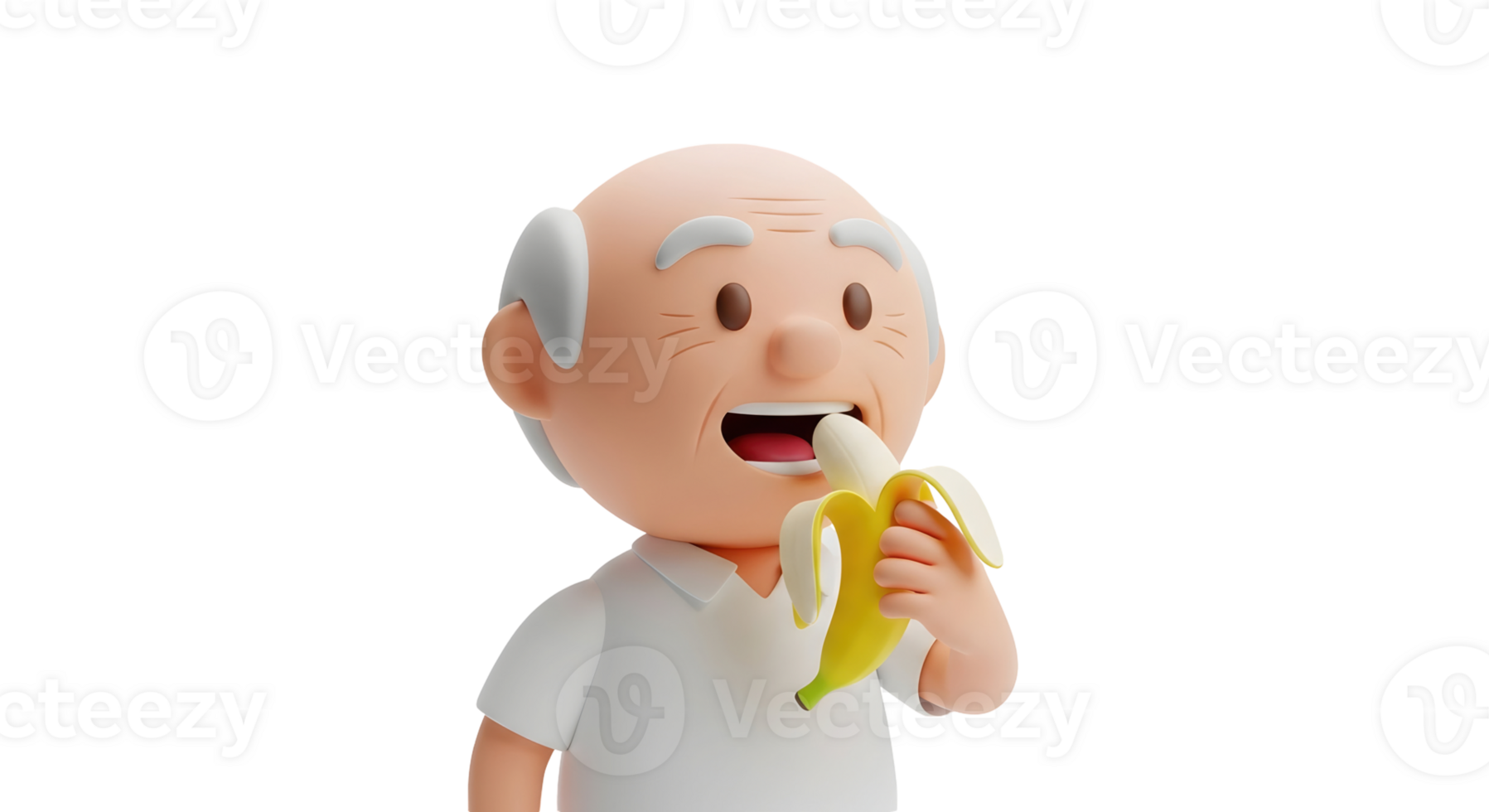 An elderly man characterized by an expressive face, is eating a banana with great pleasure on transparent background. A funny cartoon character is enjoying food for healthy lifestyle. png