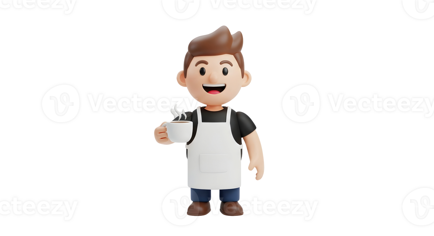 A happy male barista character holding a steaming coffee cup, ready to serve or greet, on transparent background. png