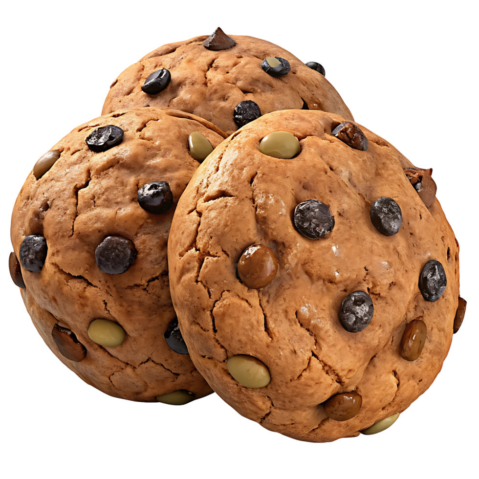 Delicious pile of textured chocolate chip cookies with assorted chips, isolated on a transparent background. png