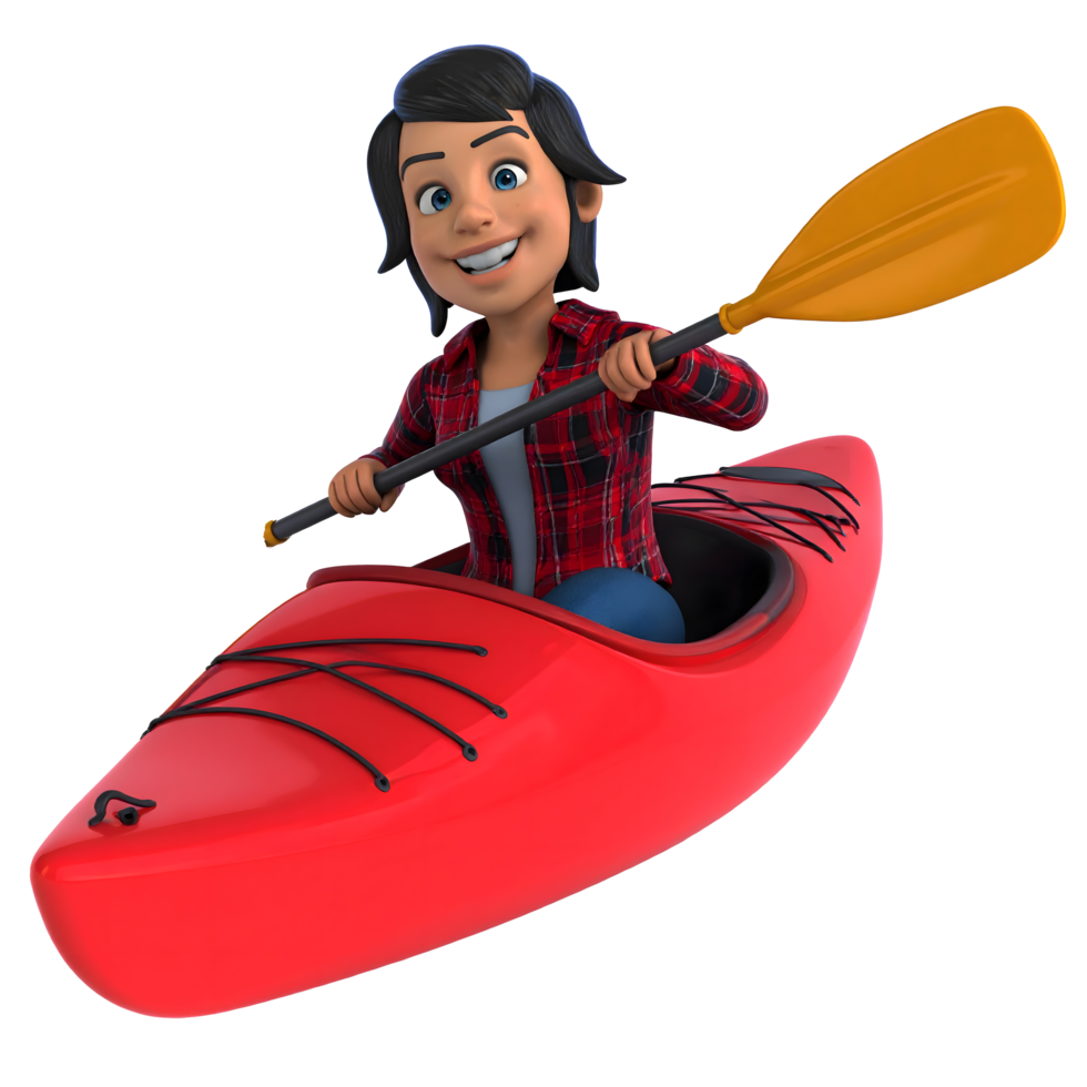 Smiling cartoon woman Kayaking in red boat 3D Icon png