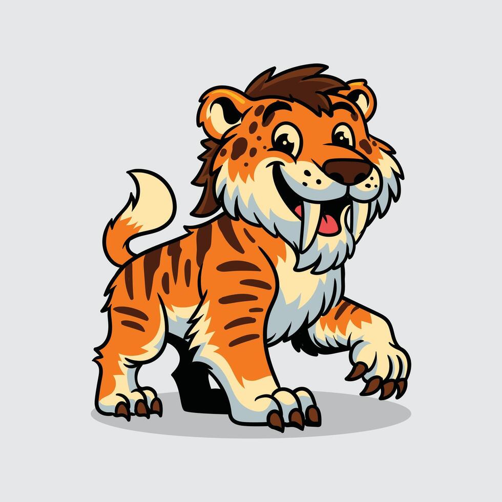 Cute Sabertooth tiger extinct animal Character Mascot in Cartoon Illustration vector