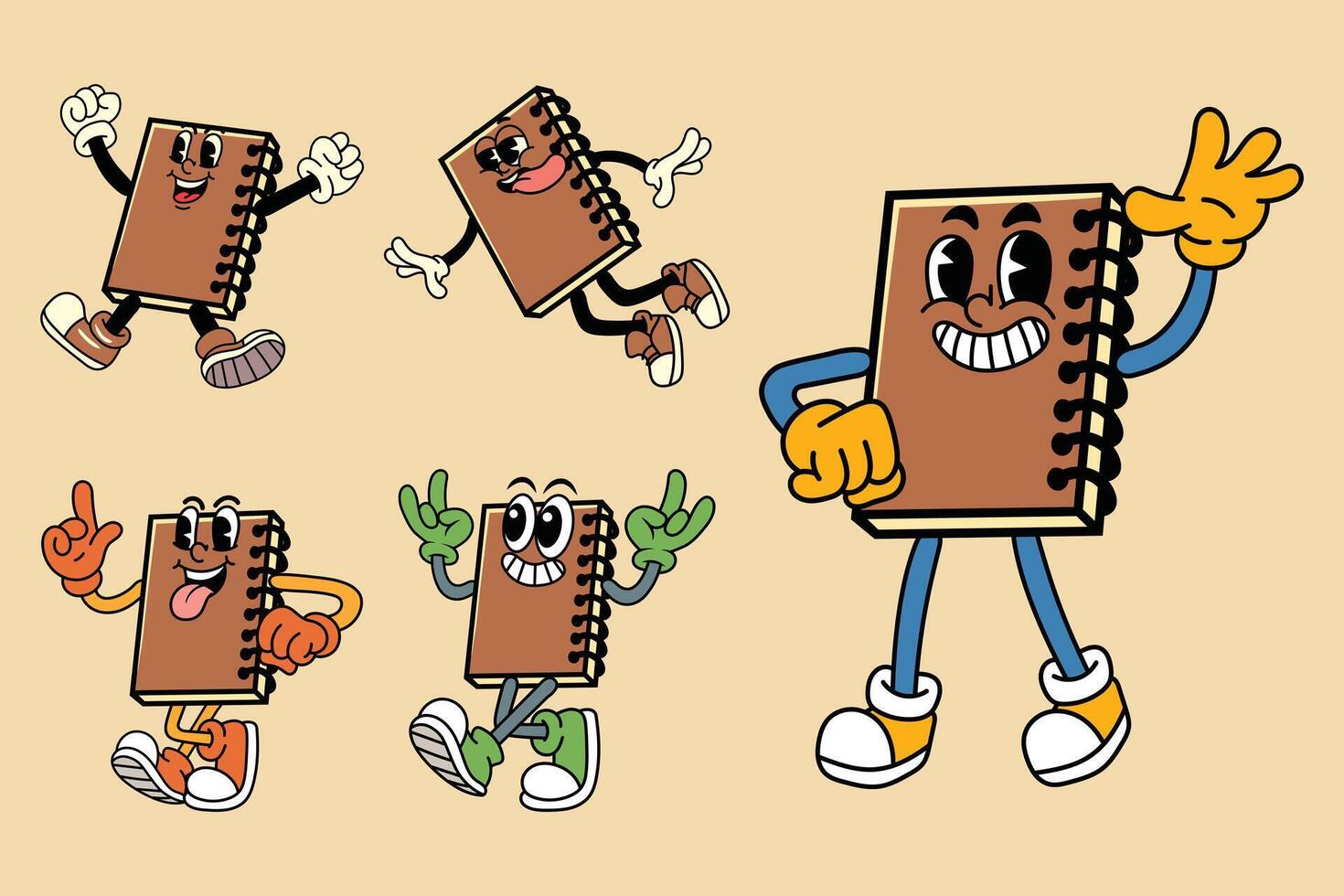 Set of Happy Notebook in Various Poses Character Cartoon Illustration Retro style vector