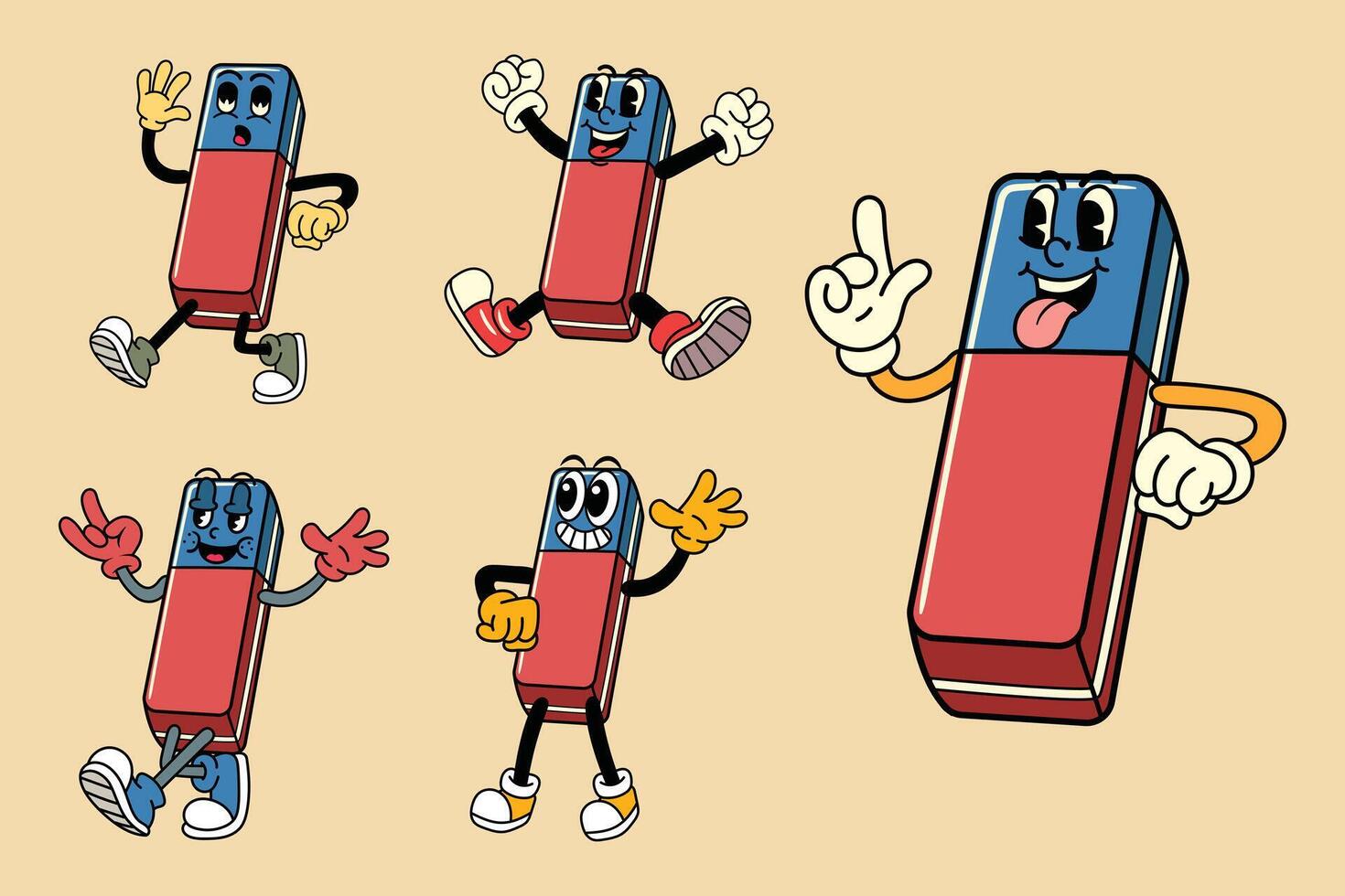Set of Happy Red blue rubber eraser in Various Poses Character Cartoon Illustration Retro style vector