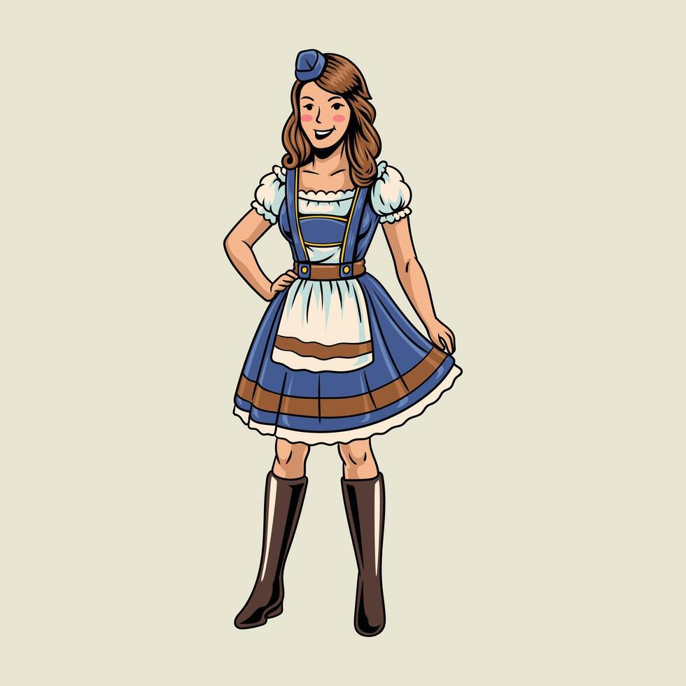 Smiling women in traditional dirndl dresses representing Oktoberfest culture cartoon illustration vector