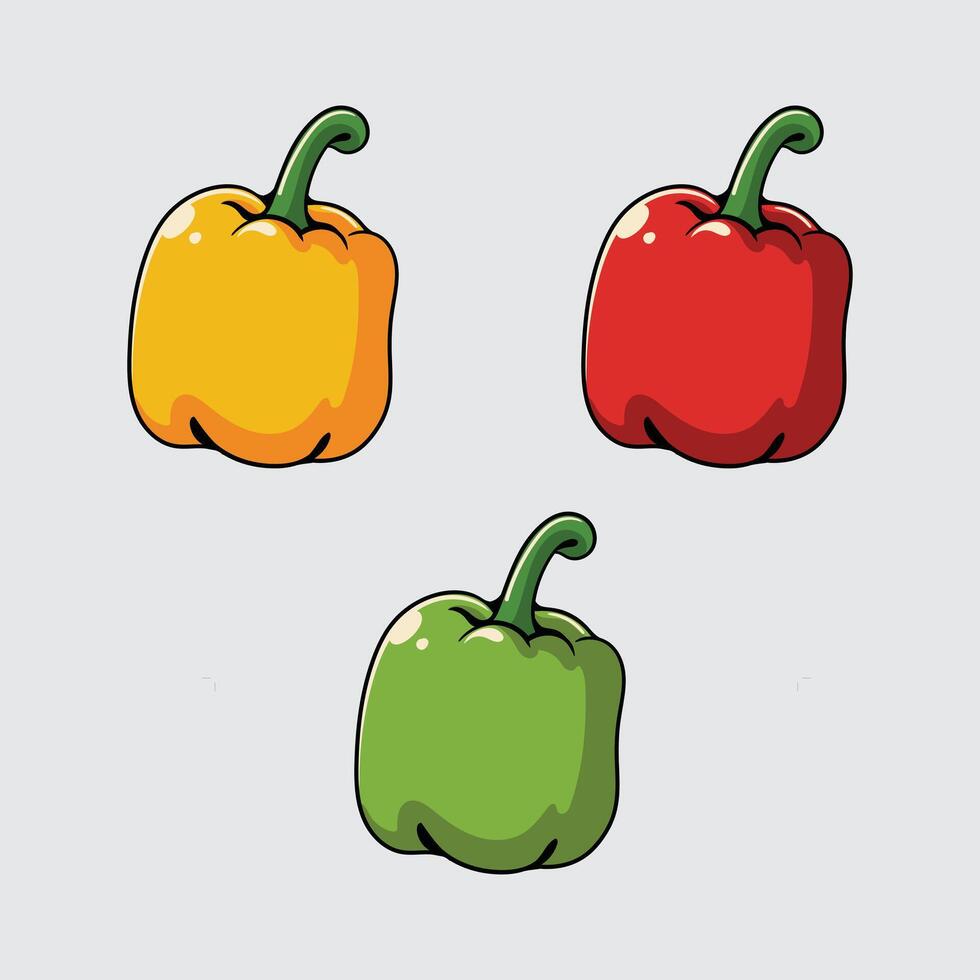 Yellow, Red, and green Bell peppers vegetable isolated cartoon illustration with a light background vector