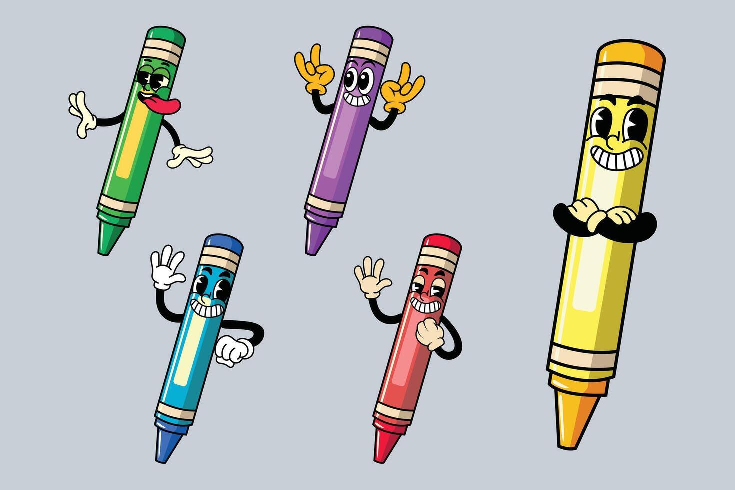 Colorful cartoon crayons with expressive faces vector