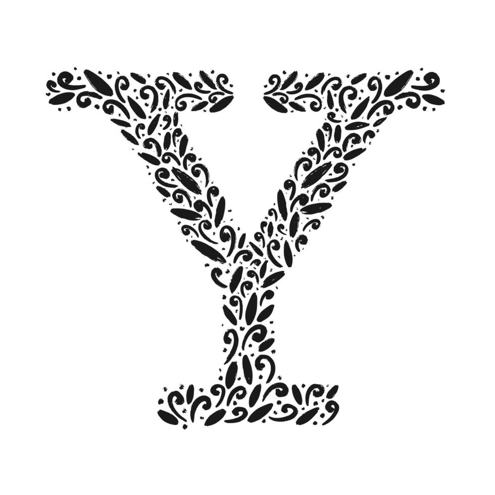 Floral botanical alphabet. Vintage hand drawn monogram letter Y. Letter with plants and flowers vector