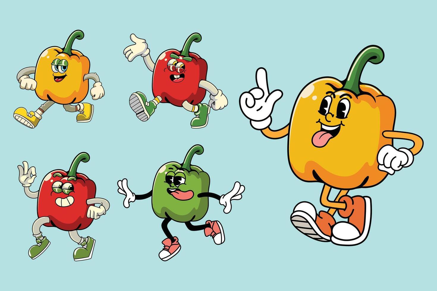 colorful cartoon peppers in various poses vector