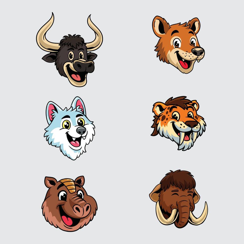 Set of six cute cartoon prehistoric animal heads with expressive faces, perfect for mascot, sticker, or educational design vector