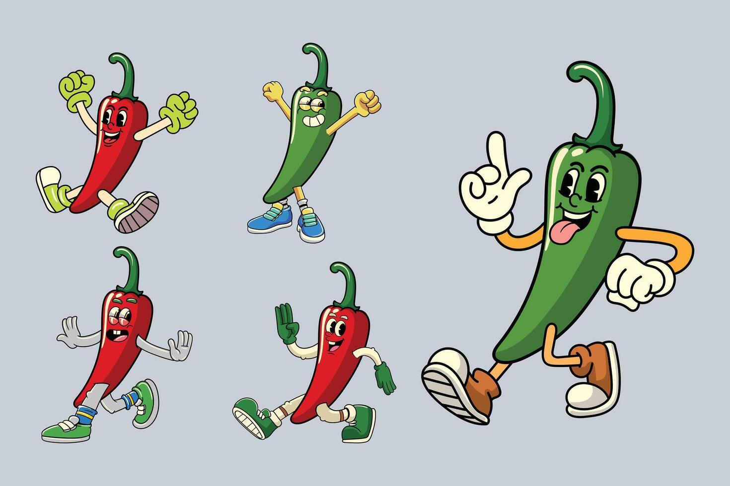Set of cute chili pepper vegetable 70s retro comic cartoon characters vector