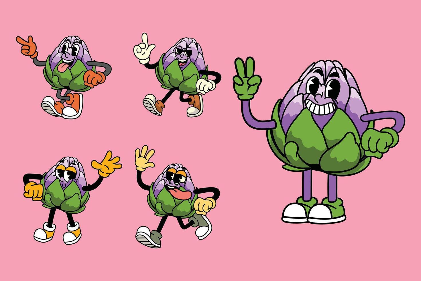 Set of funny artichoke vegetable 70s retro comic cartoon characters vector