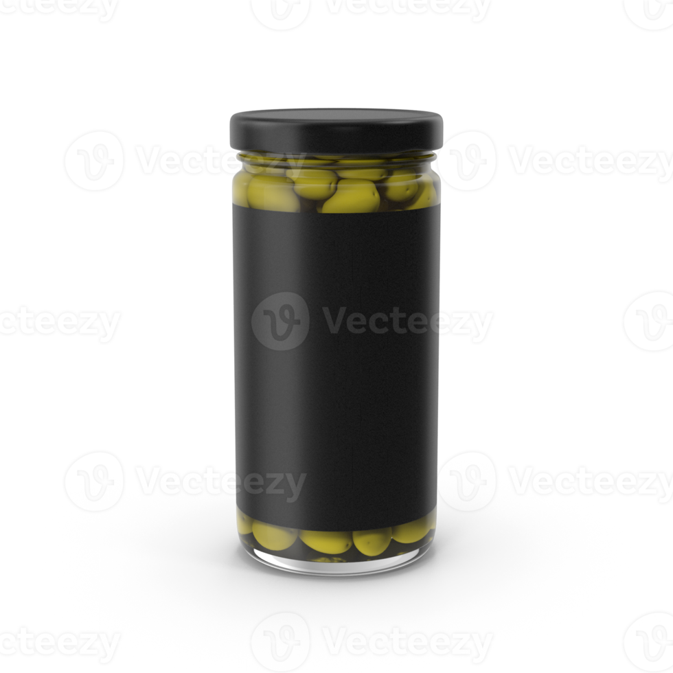 Jarred Olives, Gourmet Green Olives in Glass Jar, Food Product Packaging, 3D , transparent background, png