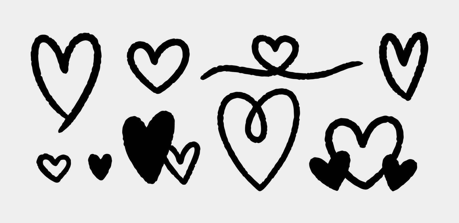 Set of cute ink hearts isolated on a gray background. hand-drawn illustration in doodle style. Perfect for cards, decorations, various designs. vector