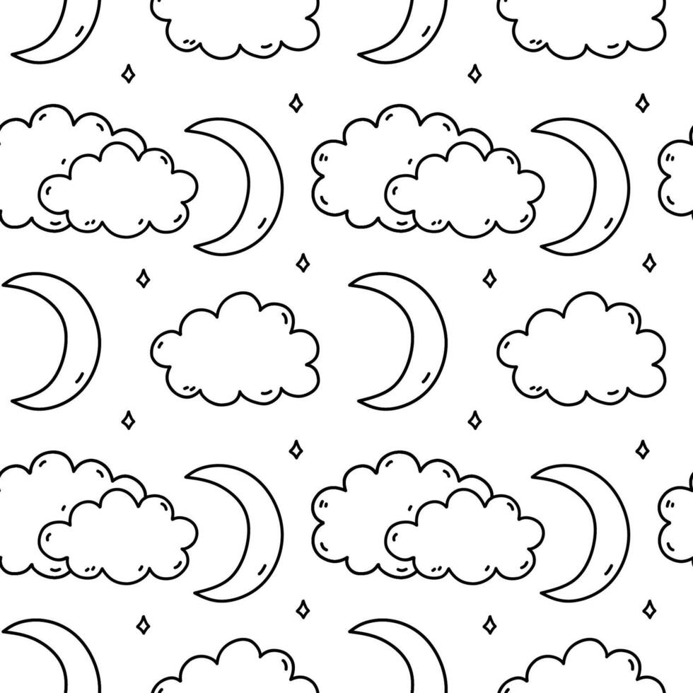 Cute seamless pattern with weather elements - clouds, stars and crescent moon. hand-drawn doodle illustration. Perfect for print, wallpaper, decorations. vector