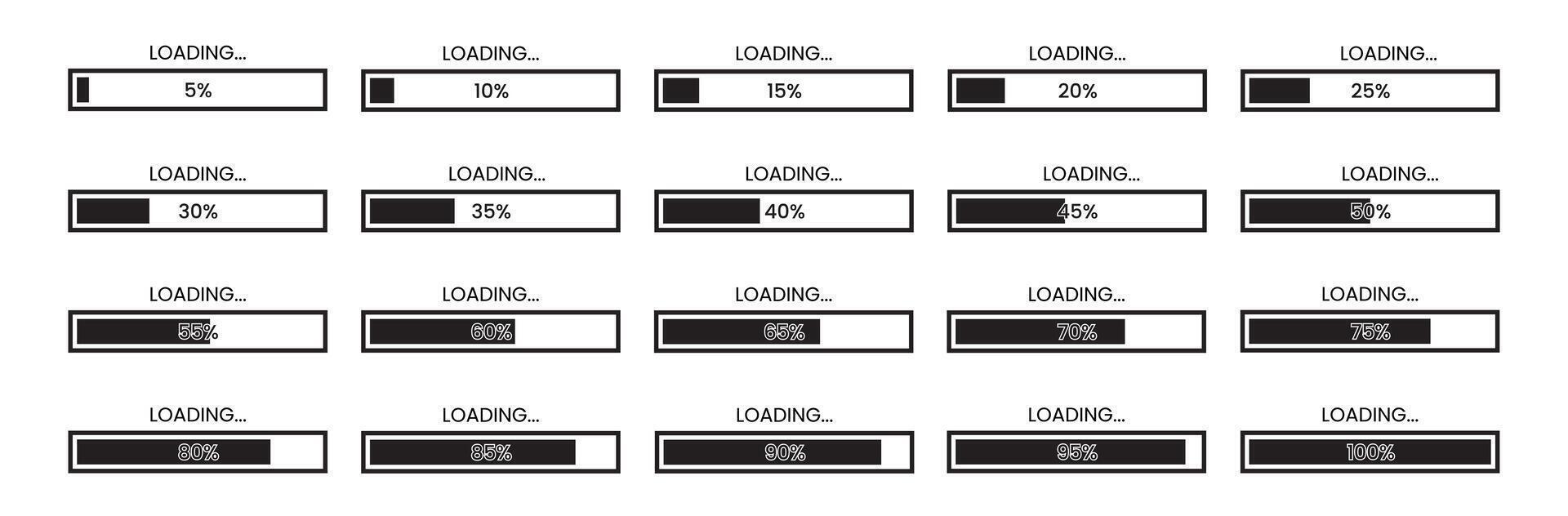 Set of Loading Bar Progress Icons from 5 to 100 Percent vector