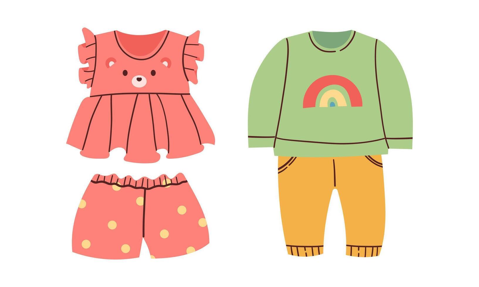 Set of babies clothes. Kids clothes flat style illustration. Cute baby boys and girls cloth with funny patterns. Children summer fashion apparel set. Newborn and toddler costume wear isolated vector