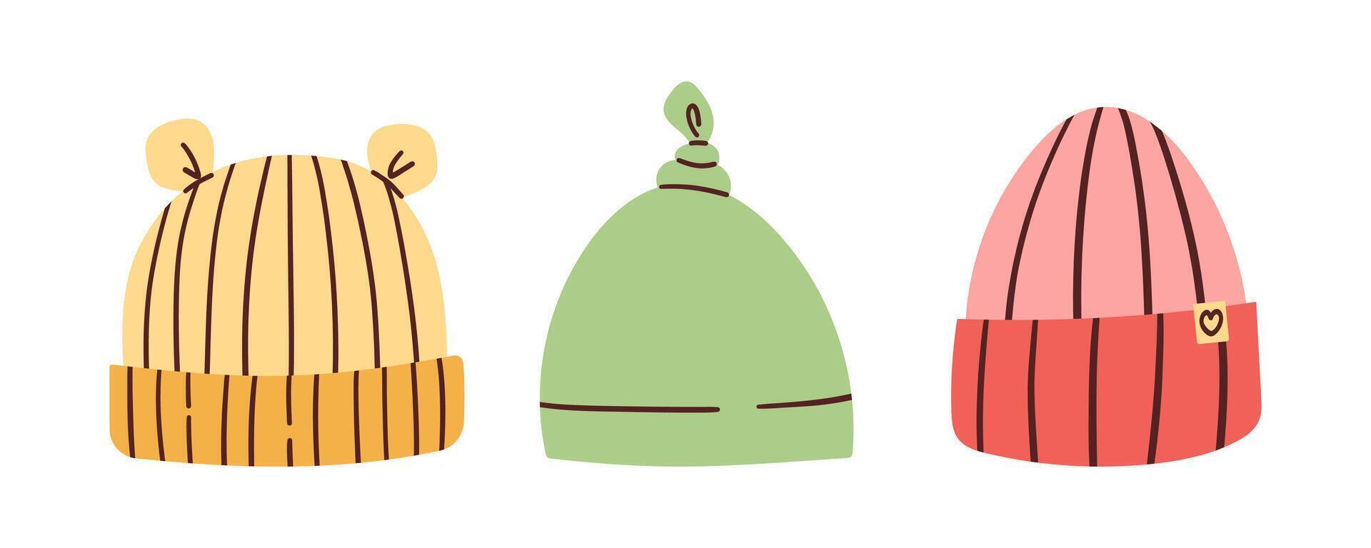 Children set bonnet. on a white background. Girls or boy hat for a newborn, baby hat flat illustration isolate on white. Kids head wears for summer, winter, autumn. Children headdresses. vector