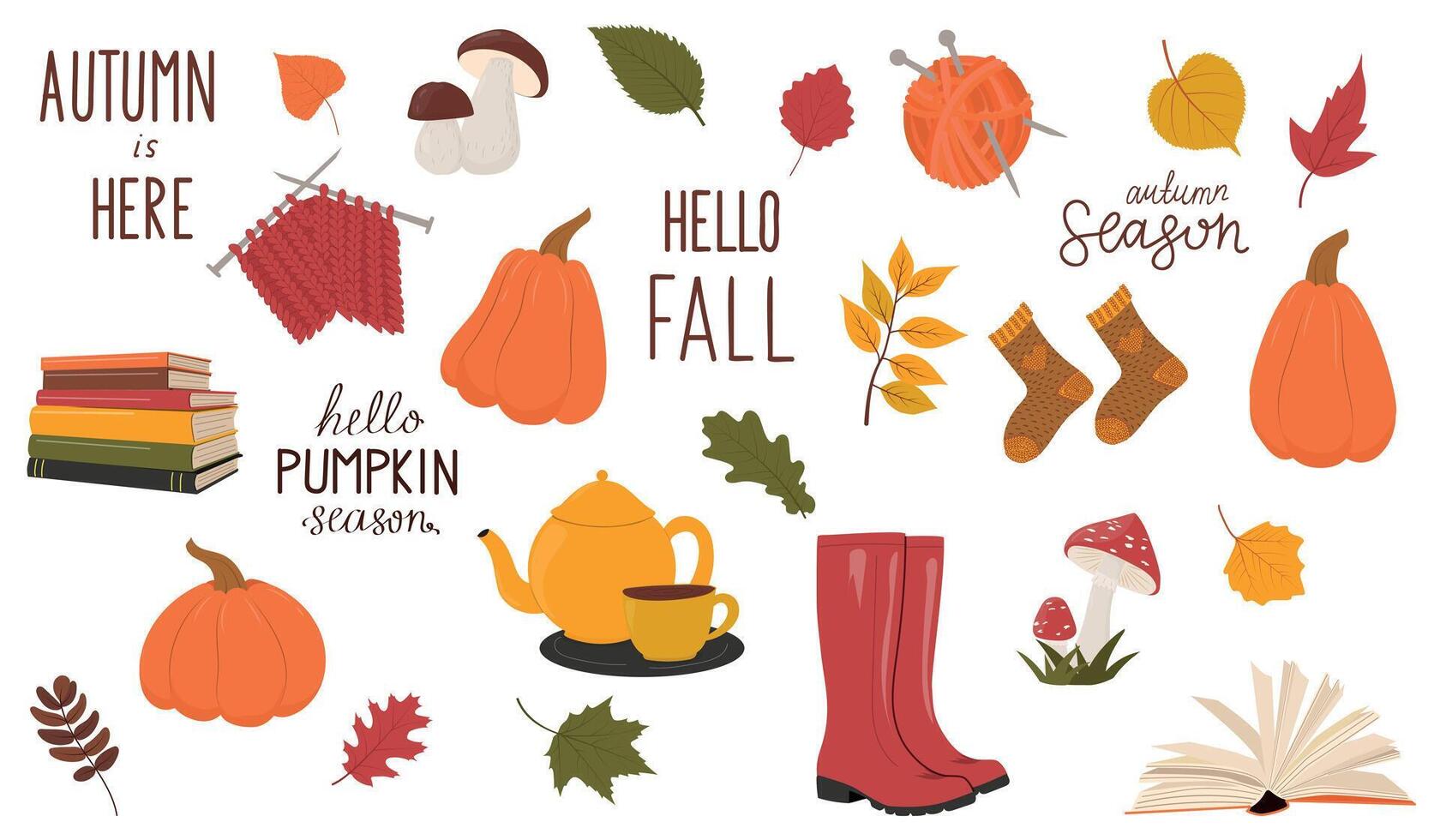 Autumn themed illustrations with pumpkins and leaves vector