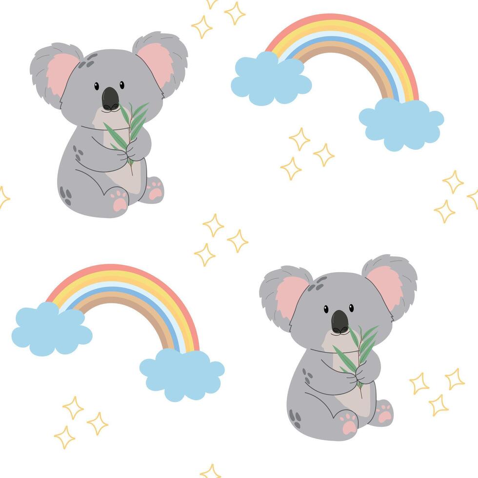 Cute koalas with rainbows and clouds vector