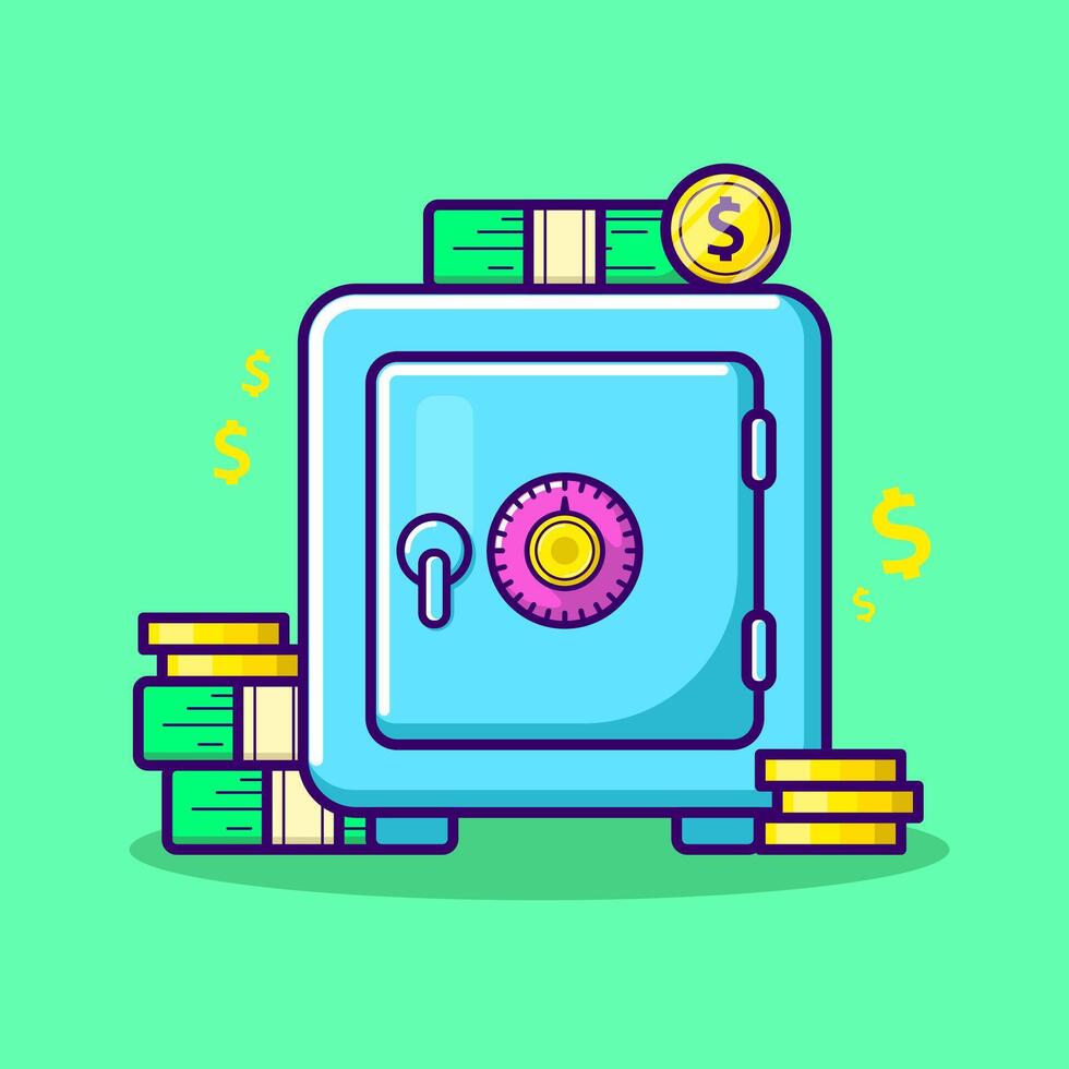 Safe money box concept, cartoon security deposit locker, closed bank iron door. White protected storage, save financial box concept. Password-locked secure front display button. illustration. vector