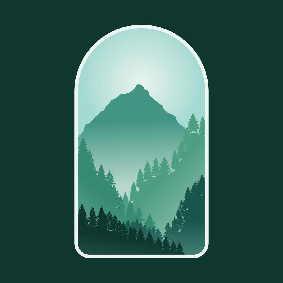 Mountain Landscape Silhouette with Pine Forest in Window Frame vector