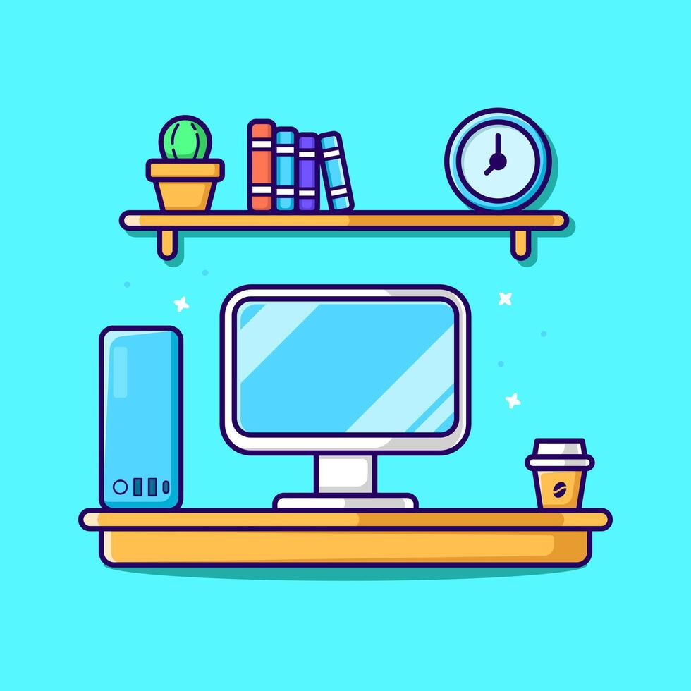 Workspace Computer With Coffee And Book Cartoon Icon Illustration. Workplace Technology Icon Concept Isolated Premium . Flat Cartoon Style vector