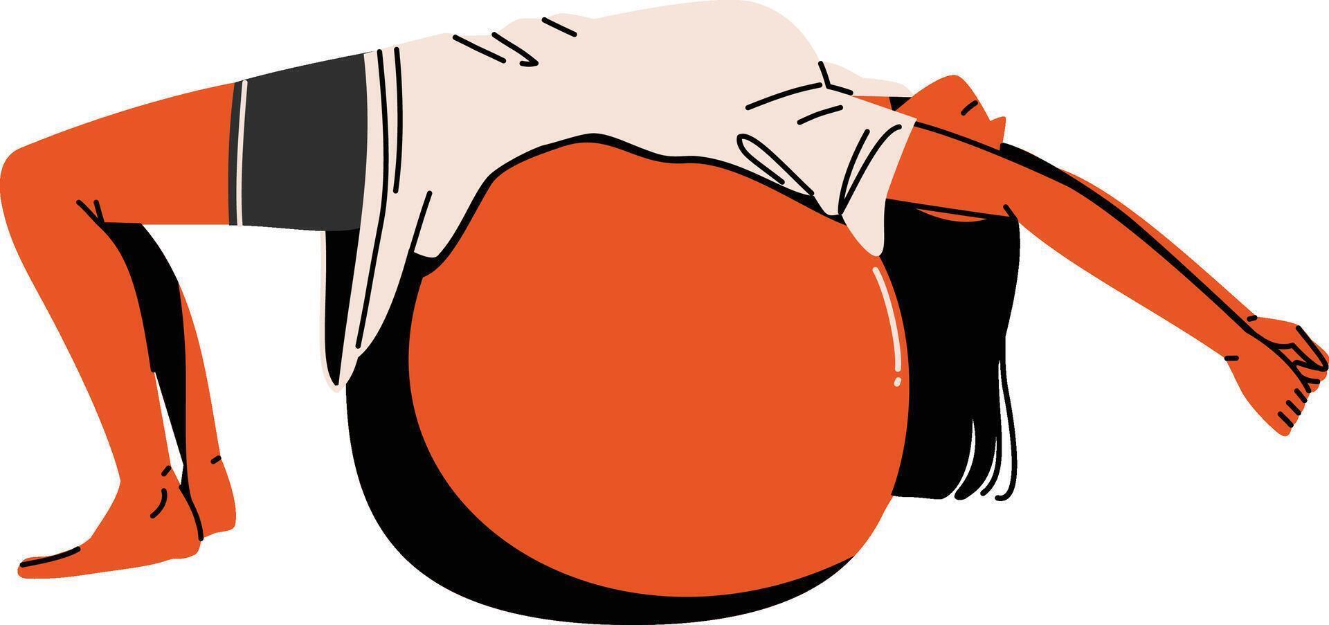 Detailed pose of a woman stretching her spine using a large pilates ball great for posture and rehab visuals. vector